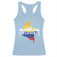 Light blue racerback tank top with front “Colombia” graphic and map print