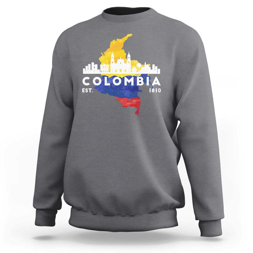 Charcoal Colombia pride sweatshirt with Colombia skyline graphic, Est. 1810