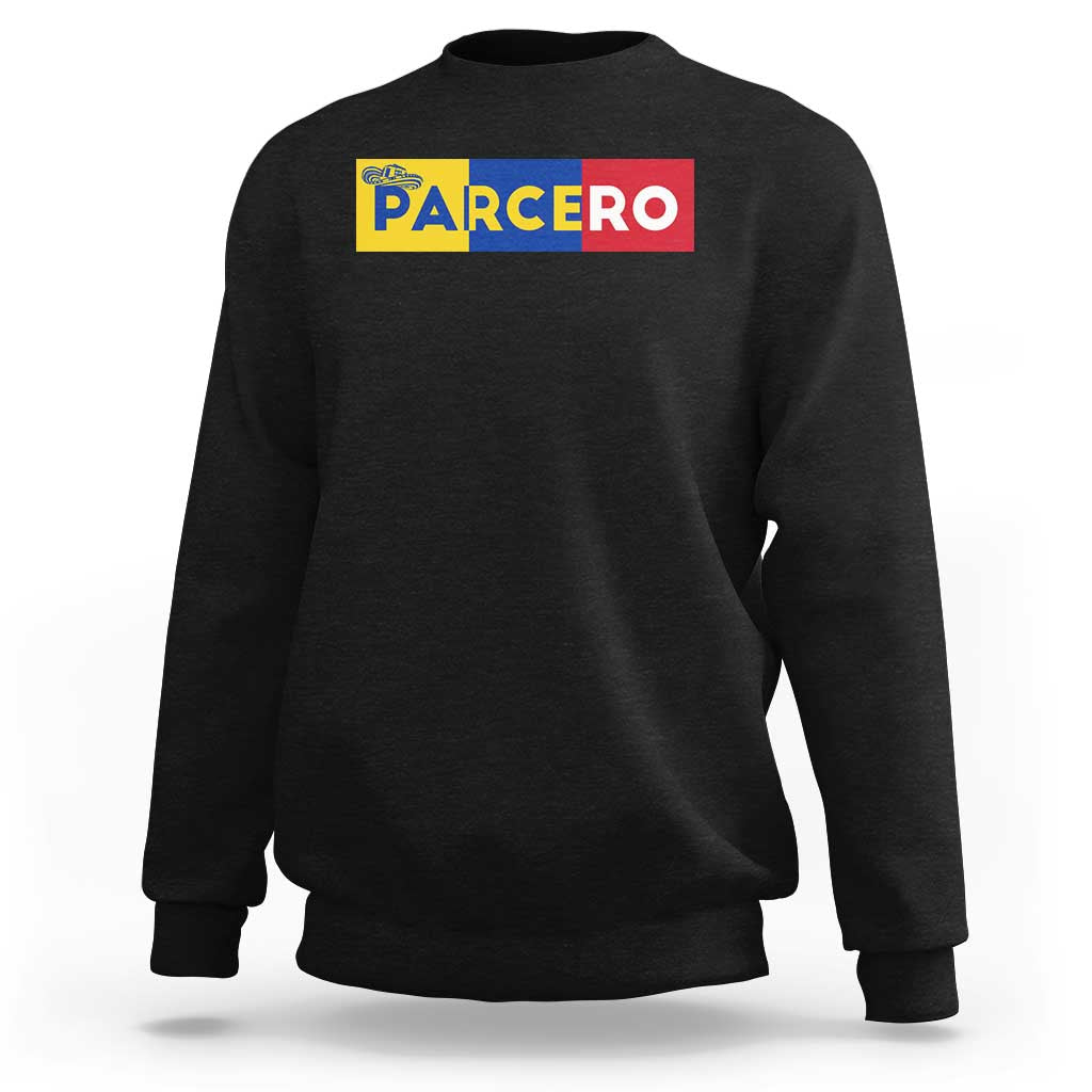 Black crewneck sweatshirt with colorful "PARCERO" front graphic