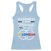 Light blue racerback tank top with sleeveless scoop neckline and “Colombian” graphic print