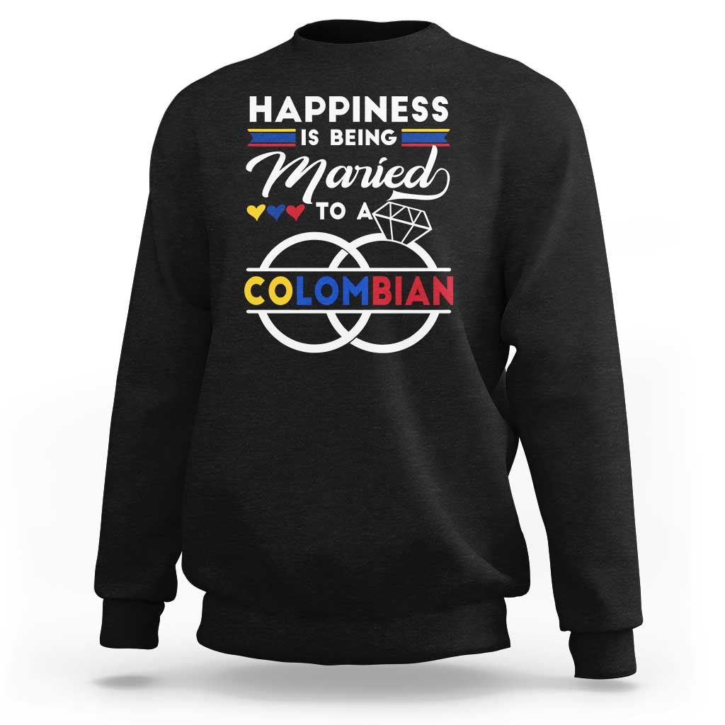Black crewneck sweatshirt with large "Colombian" marriage graphic on front