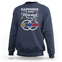 Navy crewneck sweatshirt with large "Colombian" marriage graphic on front