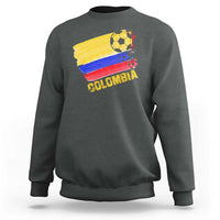 Dark heather gray crewneck sweatshirt with Colombia soccer flag graphic on the back