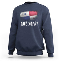 Navy crewneck sweatshirt with Panama flag graphic and 'QUE XOPA?' print
