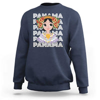 Navy women's sweatshirt with front graphic, ribbed crew neck, and cuffs