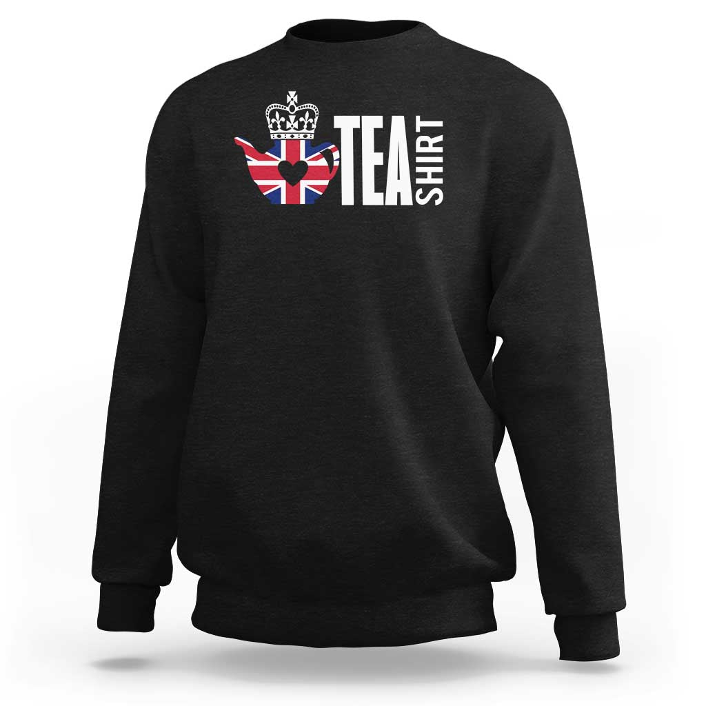 Black crewneck sweatshirt with Union Jack tea graphic and bold "TEA" print on chest