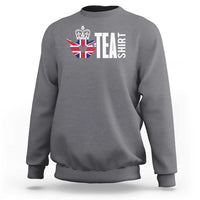 Charcoal gray crewneck sweatshirt with Union Jack tea graphic and bold "TEA" print on chest