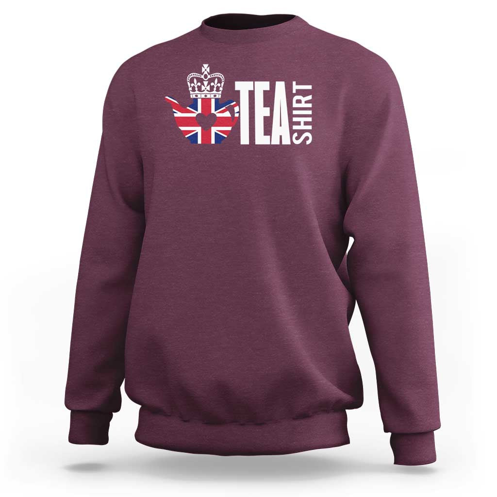Maroon crewneck sweatshirt with Union Jack tea graphic and bold "TEA" print on chest