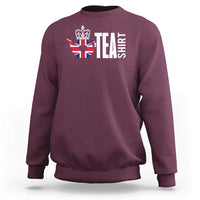 Maroon crewneck sweatshirt with Union Jack tea graphic and bold "TEA" print on chest
