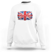 White sweatshirt with UK flag graphic and 'KNACKERED' print on chest