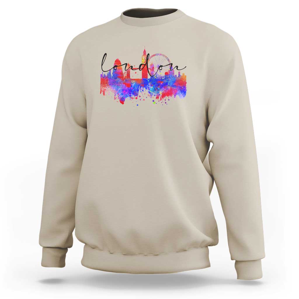Sand crewneck sweatshirt with multicolor city skyline graphic on front