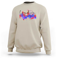 Sand crewneck sweatshirt with multicolor city skyline graphic on front