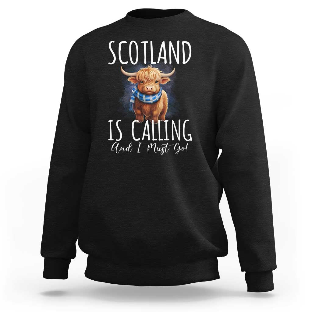 Black crewneck sweatshirt with Highland cow graphic and Scotland quote front print