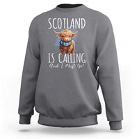 Charcoal crewneck sweatshirt with Highland cow graphic and Scotland quote front print