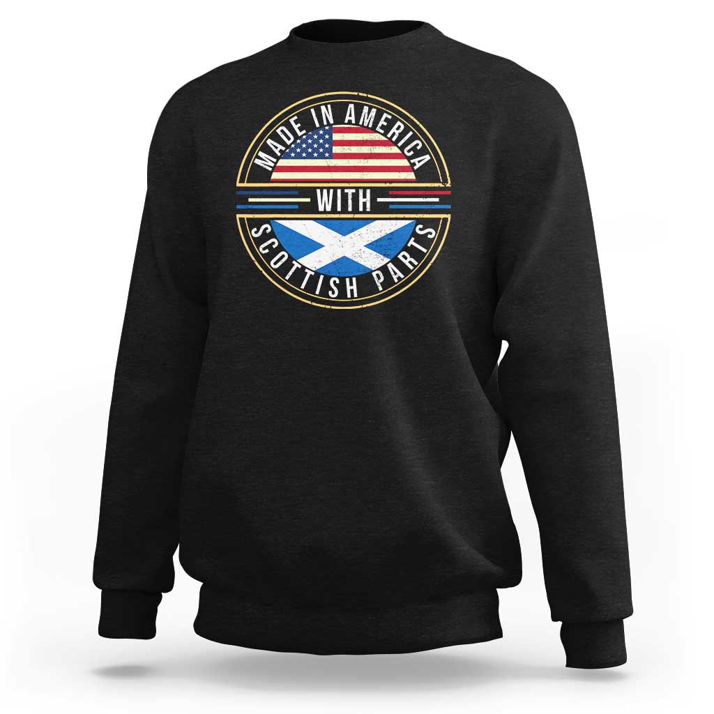 Black crewneck sweatshirt with large circular Scottish graphic on chest