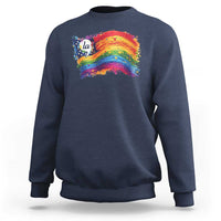 Navy crewneck sweatshirt with rainbow flag graphic and small 'la' print at chest