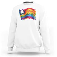 White crewneck sweatshirt with colorful rainbow flag graphic and small 'la' print at chest