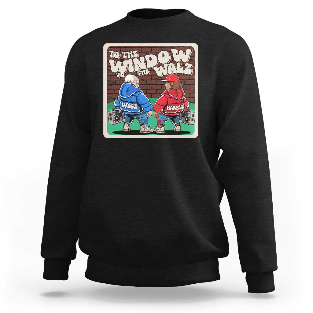Black unisex sweatshirt with crew neck and colorful front graphic print.