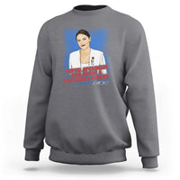 Women's heather gray sweatshirt with front portrait and slogan graphic print