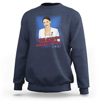Women's navy sweatshirt with front portrait and slogan graphic print