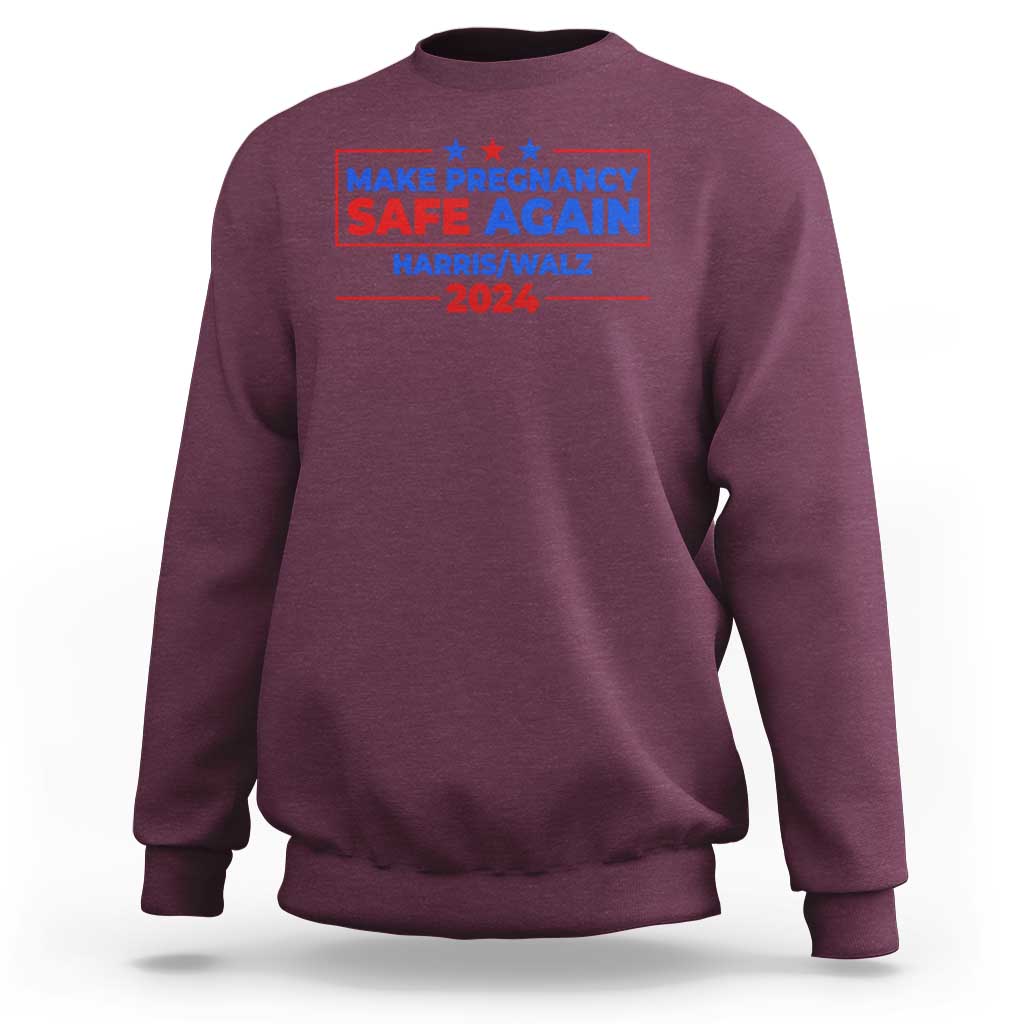 Maroon crewneck sweatshirt with front graphic text and stars, “MAKE PREGNANCY SAFE AGAIN 2024”