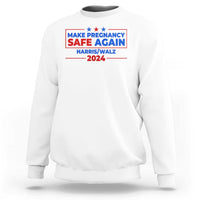 White crewneck sweatshirt with front graphic text and stars, “MAKE PREGNANCY SAFE AGAIN 2024”