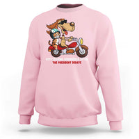 Light pink sweatshirt with cartoon pets graphic and red slogan text on the chest
