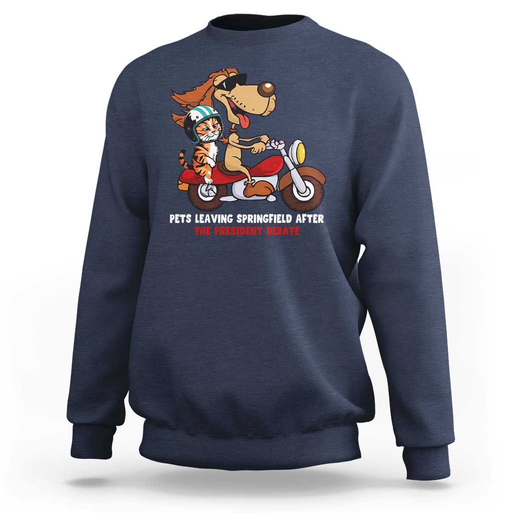 Blue sweatshirt with cartoon pets graphic and red slogan text on the chest