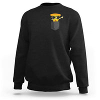 Black pullover sweatshirt with pizza character graphic in chest pocket