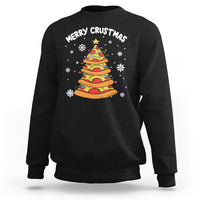 Black crewneck sweatshirt with colorful pizza tree "Merry Crustmas" graphic