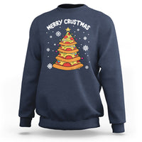 Sapphire blue crewneck sweatshirt with colorful pizza tree "Merry Crustmas" graphic
