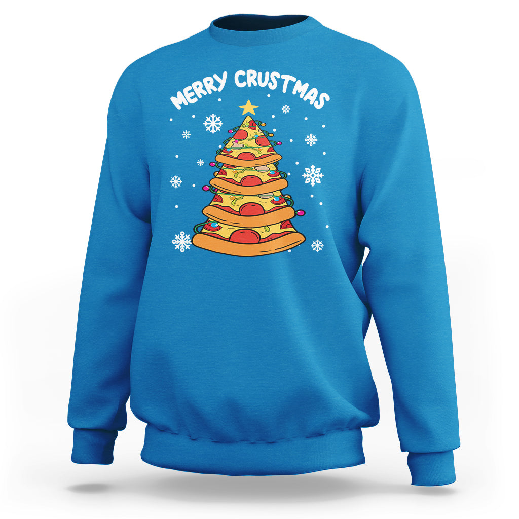 Royal blue crewneck sweatshirt with colorful pizza tree "Merry Crustmas" graphic