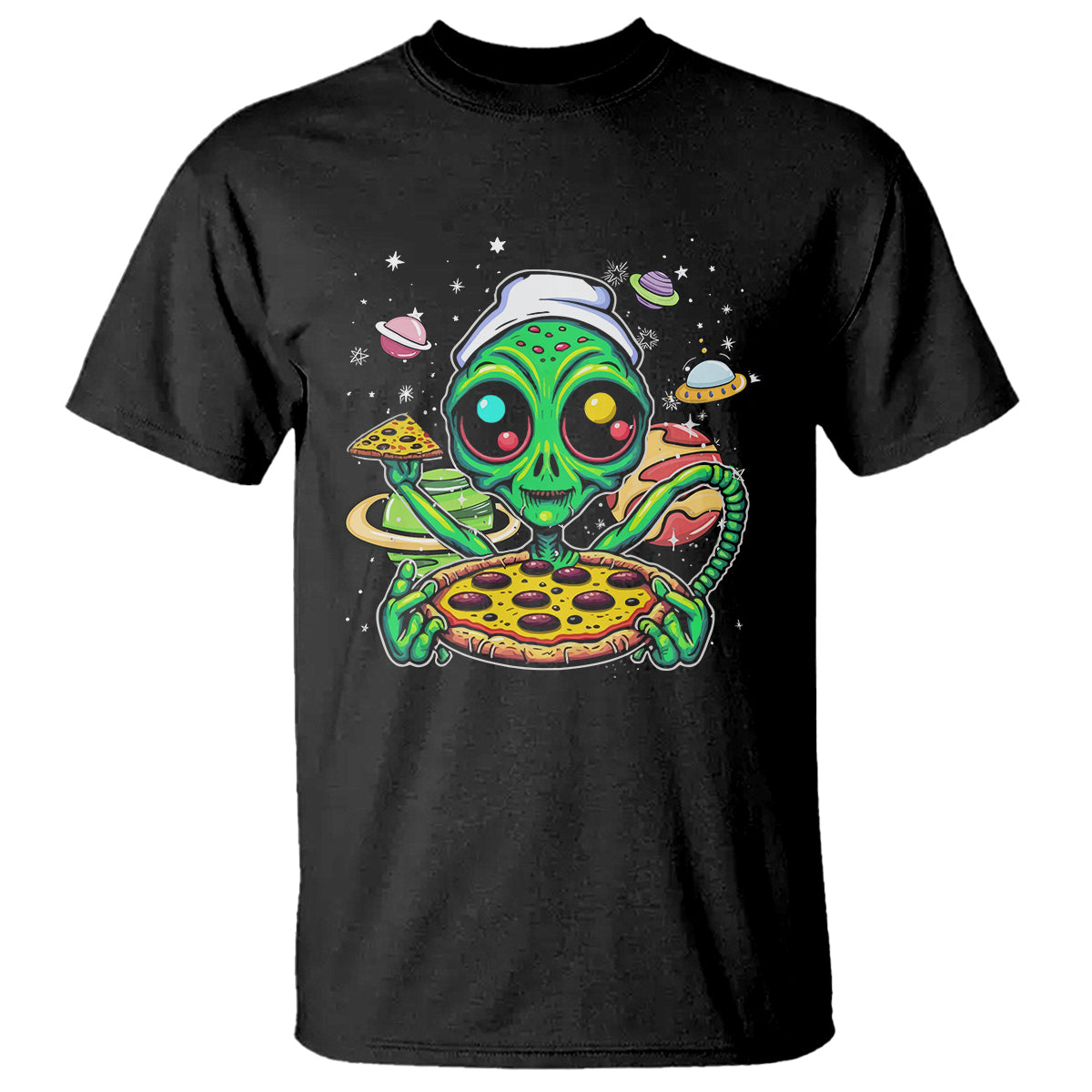 Alien Eating Pizza Outer Space With Planet UFO T Shirt - Wonder Print Shop