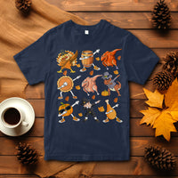 Navy Thanksgiving graphic T-shirt with dancing turkey, dinosaur, and pumpkin pie characters