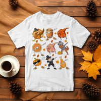 White Thanksgiving graphic T-shirt with dancing turkey, dinosaur, and pumpkin pie characters