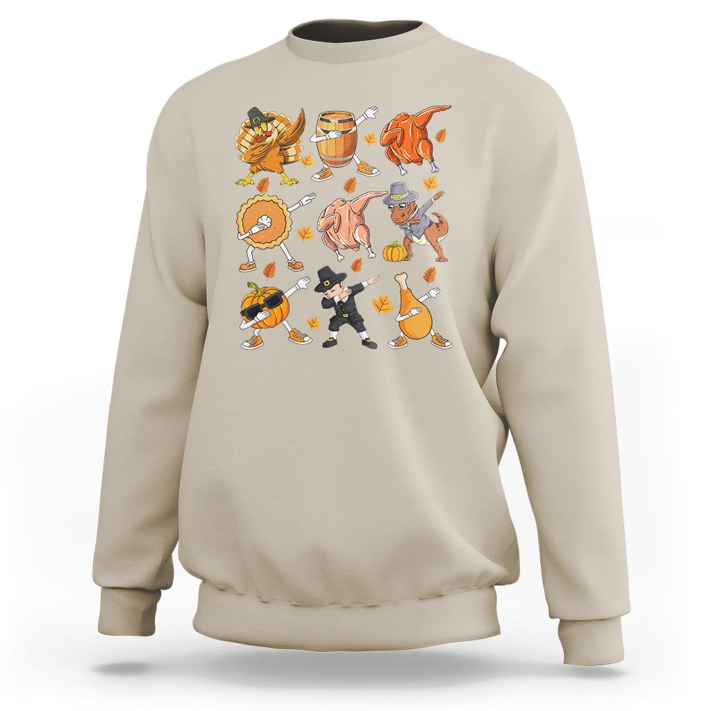 Sand crewneck sweatshirt with colorful Thanksgiving character graphic across the chest