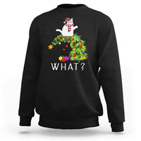 Black sweatshirt with colorful cat pushing Christmas tree graphic and 'WHAT?' text
