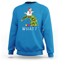 Sapphire blue sweatshirt with colorful cat pushing Christmas tree graphic and 'WHAT?' text