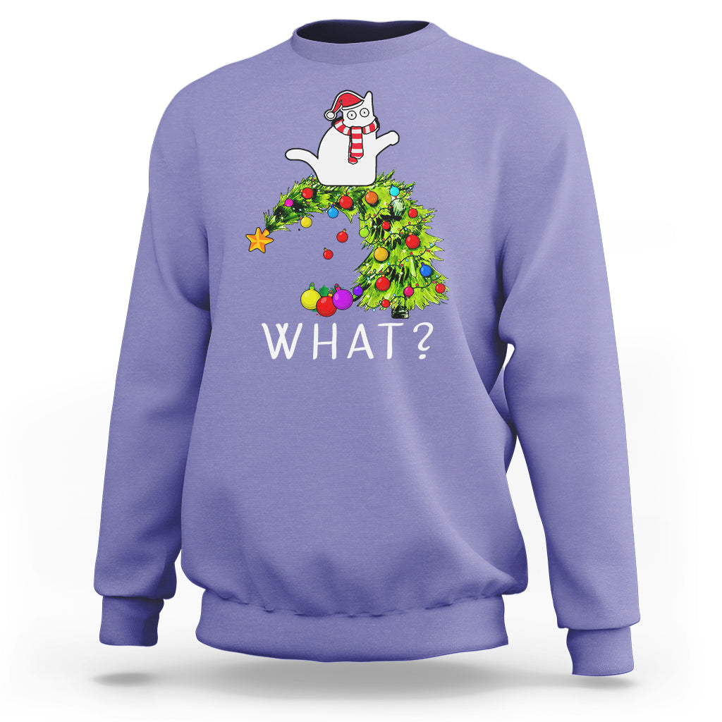 Violet sweatshirt with colorful cat pushing Christmas tree graphic and 'WHAT?' text
