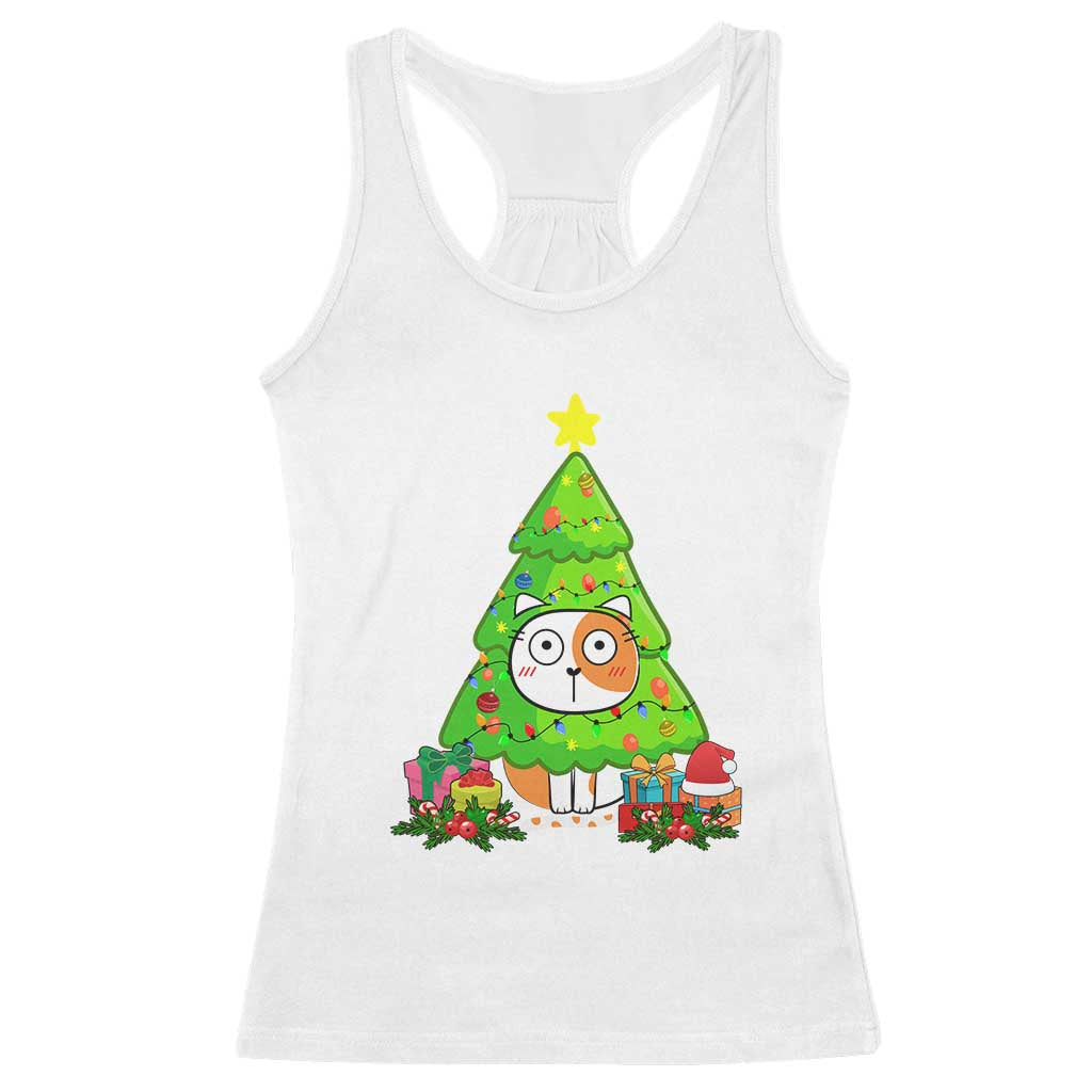 Funny Xmas Cat Racerback Tank Top What? Cat Pushing Christmas Tree Mischievous Cat Lover