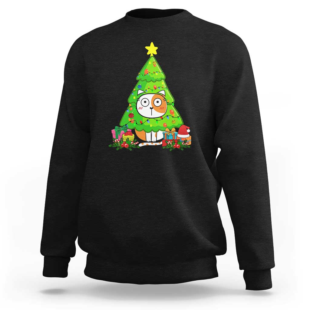 Black Christmas cat sweatshirt with colorful cat and decorated tree graphic