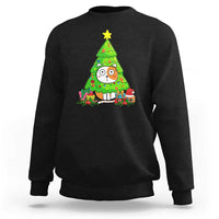Black Christmas cat sweatshirt with colorful cat and decorated tree graphic
