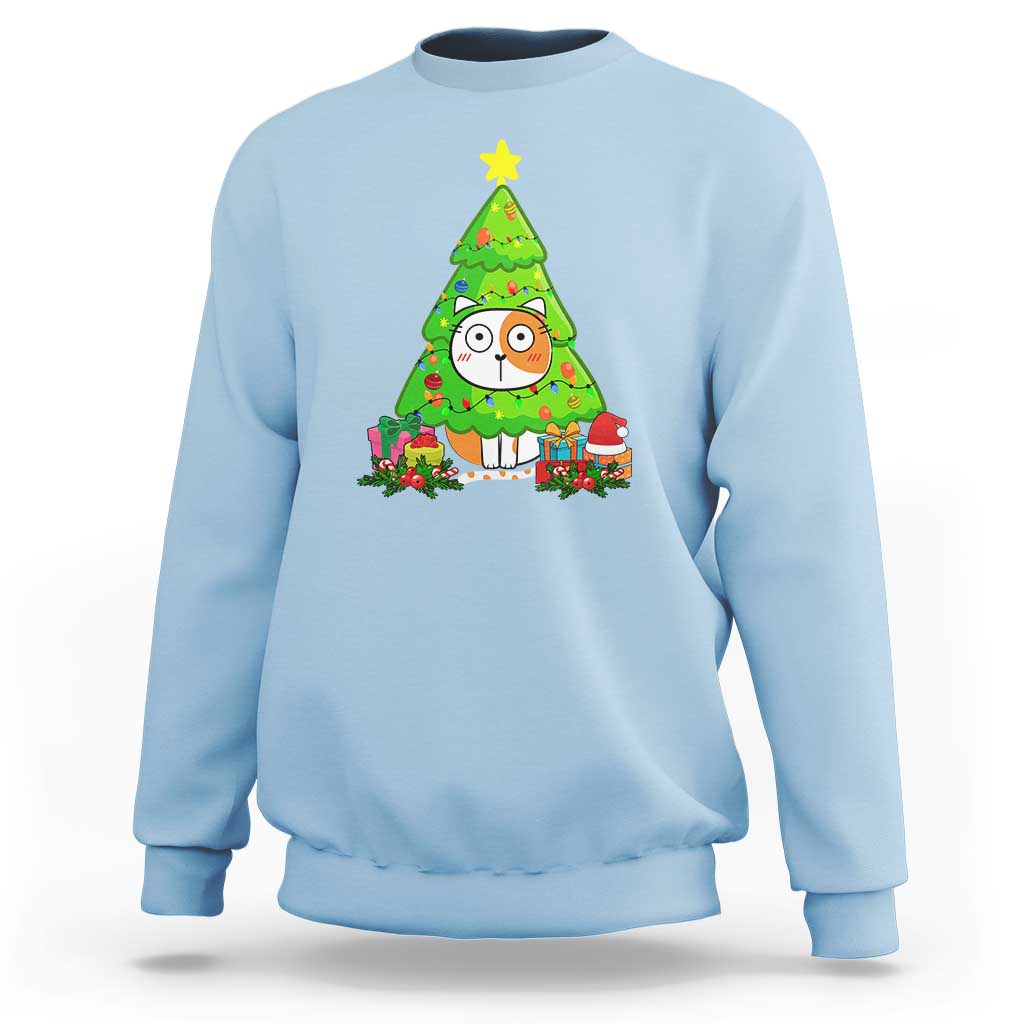 Light blue Christmas cat sweatshirt with colorful cat and decorated tree graphic
