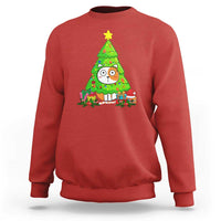 Red Christmas cat sweatshirt with colorful cat under green tree graphic