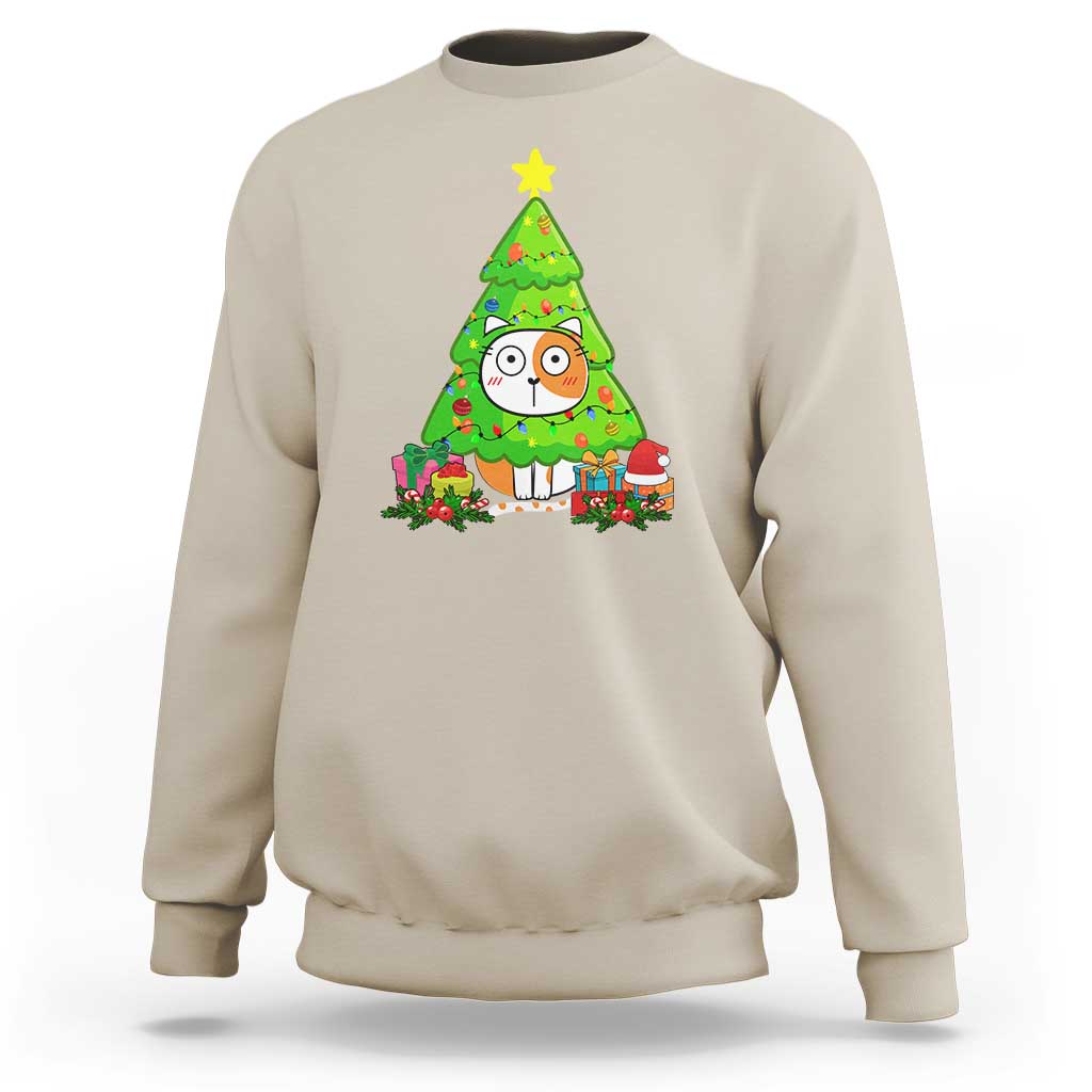 Sand Christmas cat sweatshirt with colorful cat and decorated tree graphic