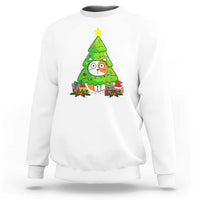 White Christmas cat sweatshirt with colorful cat under green tree graphic