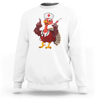 White sweatshirt with turkey nurse graphic holding stethoscope-style accessory, crewneck long sleeves