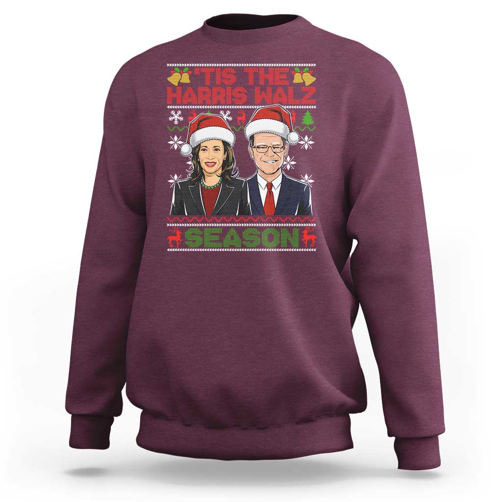 Maroon crewneck sweatshirt with holiday graphic print on front