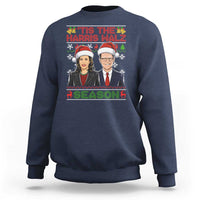 Navy crewneck sweatshirt with holiday graphic print on front