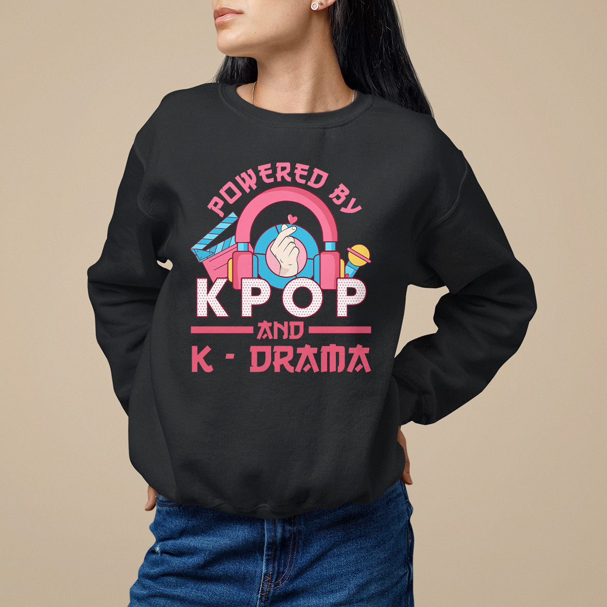 Black sweatshirt with large "POWERED BY K-POP" and "K-DRAMA" graphic